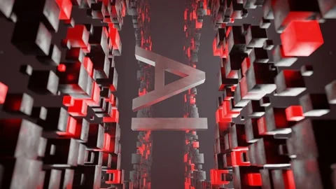 Letters AI in metallic 3D style inside abstract tunnel of red and black cubic Stock Footage 310721847