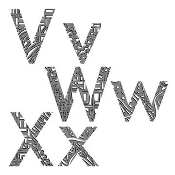 Letters of the alphabet in style zentangle vwx Stock Illustration