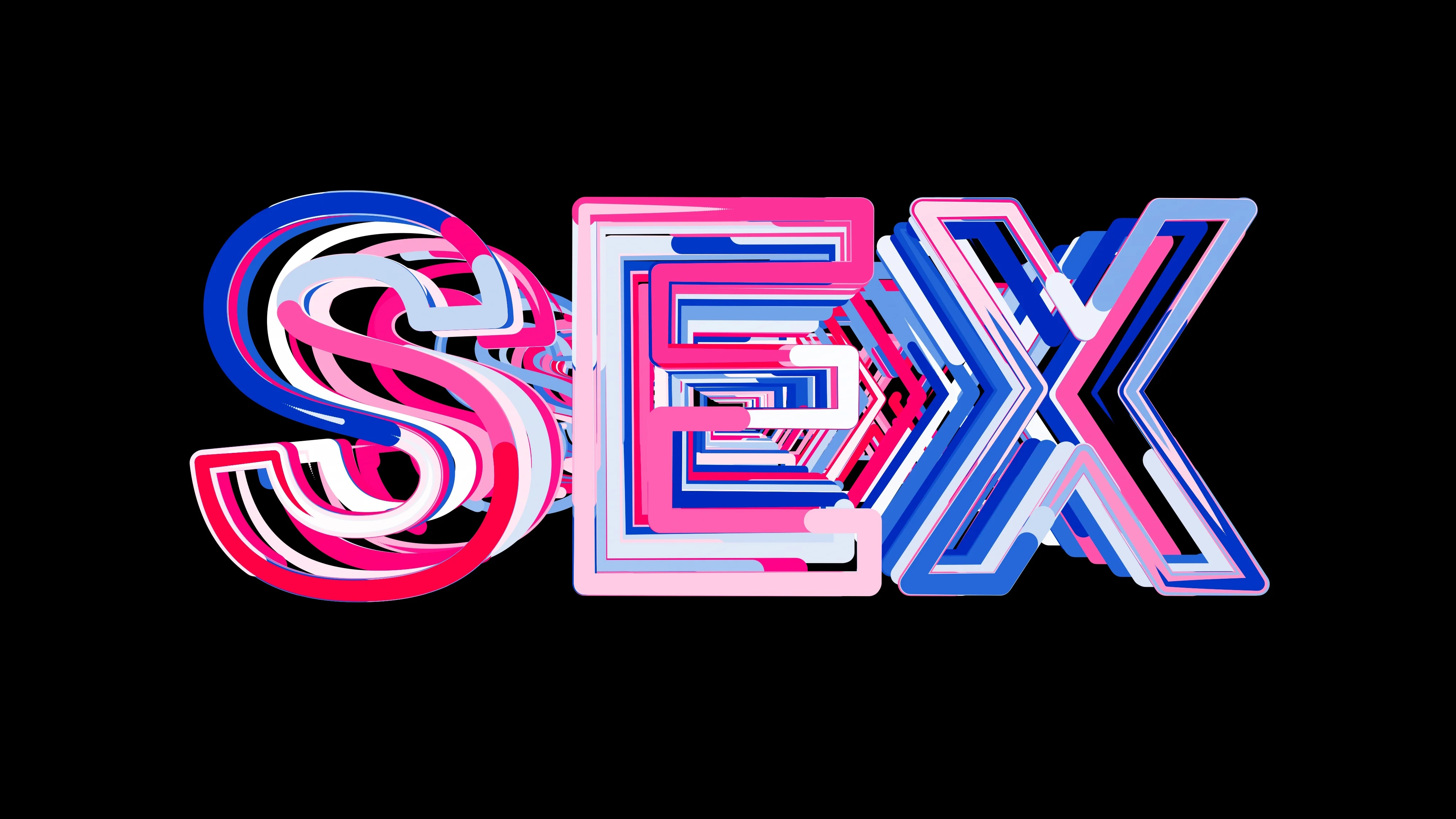 Letters are collected in text SEX, then scattered into strips. Bright  colors.