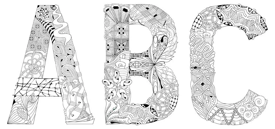 Letters A, B, C zentangle. Vector decorative object for coloring Ilustração Stock