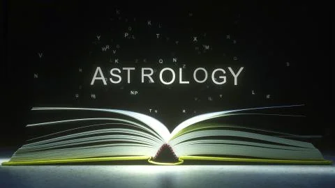 Letters fly off the open book pages to form ASTROLOGY text. 3D rendering Stock-Illustration