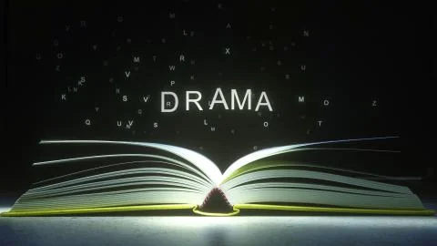 Letters fly off the open book pages to form DRAMA text. 3D rendering Stock-Illustration