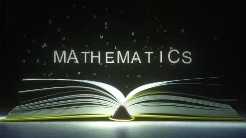 Letters fly off the open book pages to form MATHEMATICS text. 3D rendering Stock-Illustration