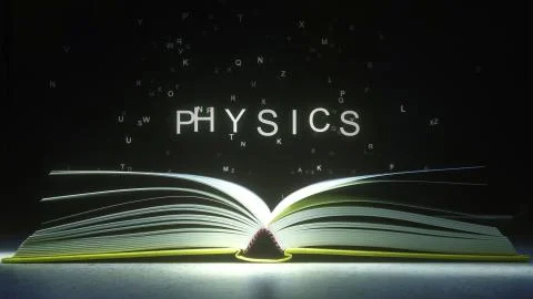 Letters fly off the open book pages to form PHYSICS text. 3D rendering Stock Illustration