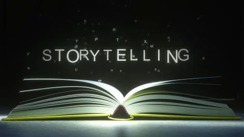 Letters fly off the open book pages to form STORYTELLING text. 3D rendering Stock-Illustration