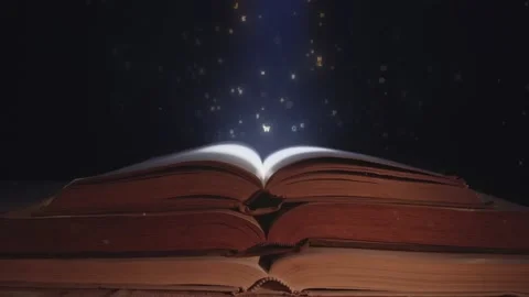 The letters flying out of the opened magic book in the moonlight Stock Footage 146524271