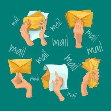 Letters in hands to open and read the letter, a parcel. Recipient of delivery Illustrazione stock