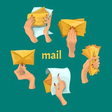 Letters in hands to open and read the letter, a parcel. Recipient of delivery Illustrazione stock