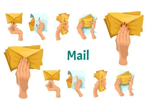 Letters in hands to open and read the letter, a parcel. Two options of vector Illustrazione stock