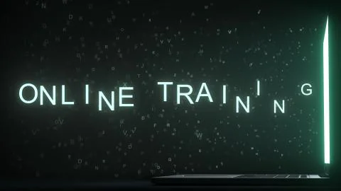 Letters leaving computer screen form ONLINE TRAINING text, 3D rendering イラスト素材
