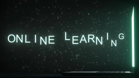 Letters leaving computer screen form ONLINE LEARNING text, 3D rendering Illustrazione stock
