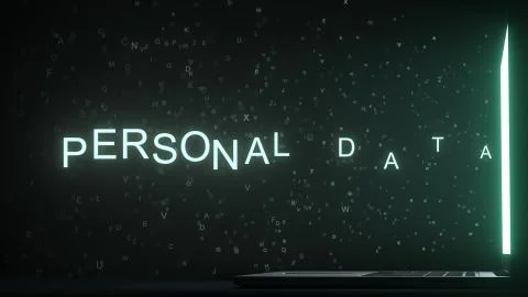 Letters leaving computer screen form PERSONAL DATA text, 3D rendering Illustrazione stock