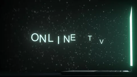 Letters leaving computer screen form ONLINE TV text, 3D rendering Stock Illustration