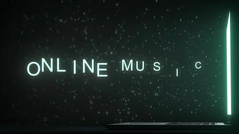 Letters leaving computer screen form ONLINE MUSIC text, 3D rendering Stock Illustration