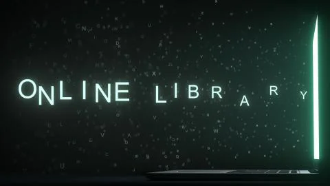 Letters leaving computer screen form ONLINE LIBRARY text, 3D rendering Stock Illustration