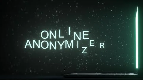 Letters leaving computer screen form ONLINE ANONYMIZER text, 3D rendering イラスト素材
