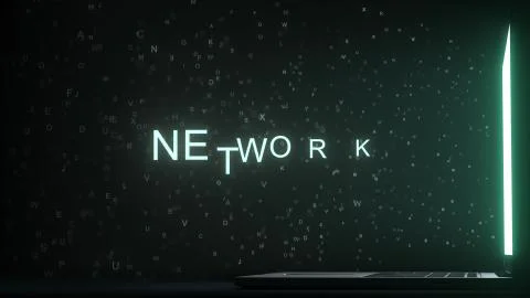 Letters leaving computer screen form NETWORK text, 3D rendering Stock Illustration