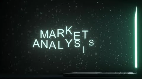 Letters leaving computer screen form MARKET ANALYSIS text, 3D rendering Stock Illustration