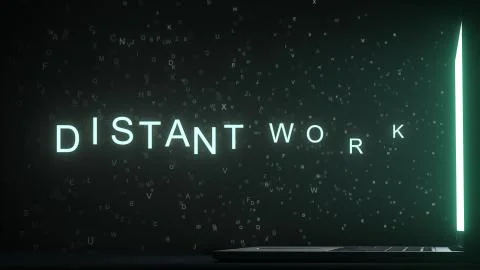 Letters leaving computer screen form DISTANT WORK text, 3D rendering Stock Illustration