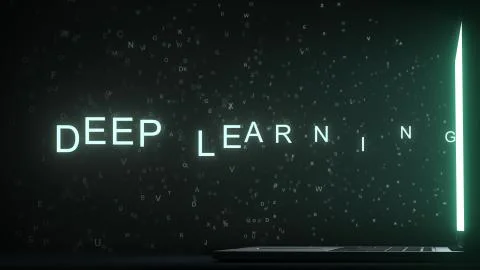 Letters leaving computer screen form DEEP LEARNING text, 3D rendering Illustrazione stock