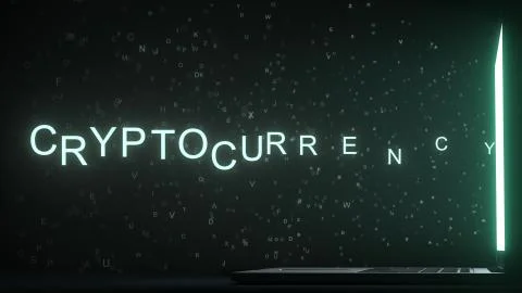Letters leaving computer screen form CRYPTOCURRENCY text, 3D rendering Stock Illustration