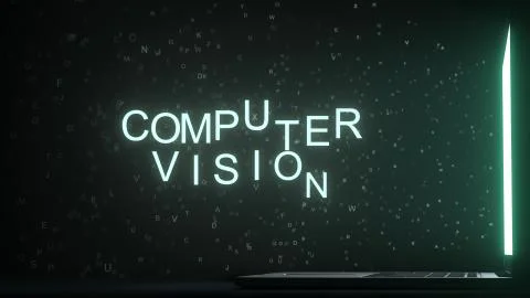 Letters leaving computer screen form COMPUTER VISION text, 3D rendering Stock Illustration