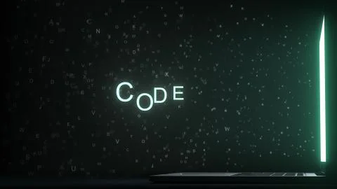 Letters leaving computer screen form CODE text, 3D rendering Stock Illustration