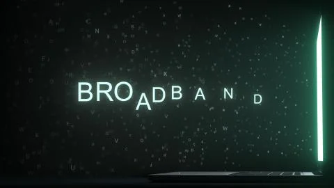 Letters leaving computer screen form BROADBAND text, 3D rendering Illustrazione stock