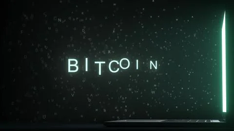 Letters leaving computer screen form BITCOIN text, 3D rendering Stock Illustration
