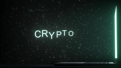 Letters leaving laptop display form CRYPTO text. 3D rendering Stock Illustration