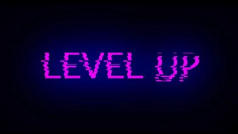 Letters of Level up text with noise on black, 3d render background, computer Illustrazione stock