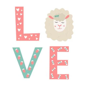Letters LOVE with elements and cute sheep Illustrazione stock