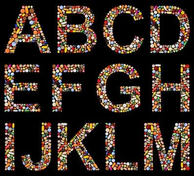 Letters a to m made of assorted pills Stock Illustration