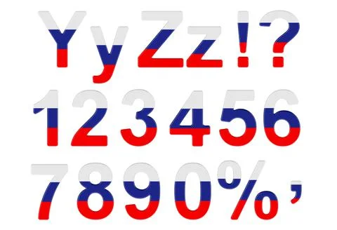 Letters, numbers and punctuation marks with Russian flag. Y, Z, 1, 2, 3, 4, 5 Stock Illustration