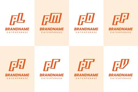 Letters PL PM PN PP PQ PR PT PV Monogram Logo Set Stock Illustration