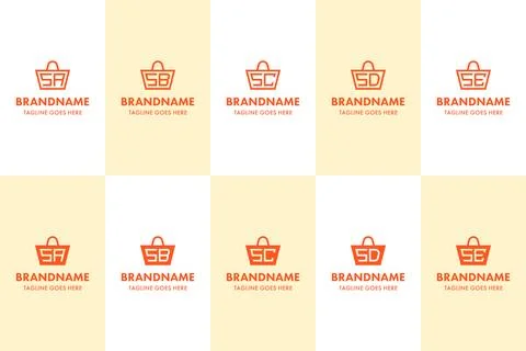 Letters SA SB SC SD SE Shopping Bag Logo Set, for AS BS CS DS ES Initials R.. Stock Illustration