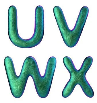 Letters set U, V, W, X made of realistic 3d render natural green snake skin Stock Illustration