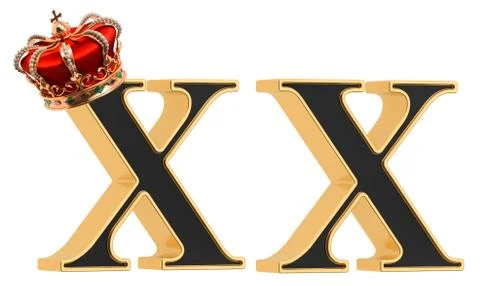Letters X with gold crown and without, black font with golden border. 3D rend Stock Illustration