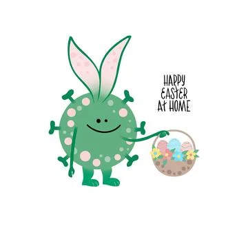 Lettring Happy Easter at home. Funny bunny like coronavirus, covid 19 hold Stock Illustration