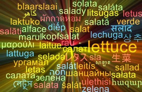 Lettuce multilanguage wordcloud background concept glowing Stock Illustration