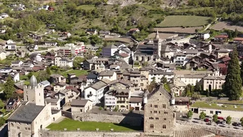 Leuk medieval town Rhône Valley canton of Valais, Switzerland aerial drone Stock Footage 342788024