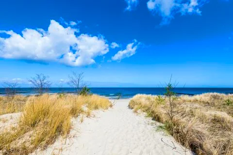 Levee with sandy path to beach at baltic sea Stock Photos