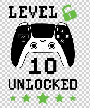 Level 10 Unlocked Game controller lock stars pixel art Stock Illustration