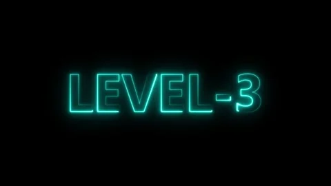 Level 3 Neon Sign Glowing Cyan Text on Black Background Futuristic Digital .. Stock Footage 340444396