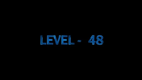Level 48 text animation, blue glow effect appears on black background, game.. Stock Footage 334157546
