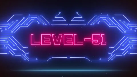 Level 51 Gaming Achievement Screen Blue Neon Circuits Glowing Pink Text Video stock 327889960