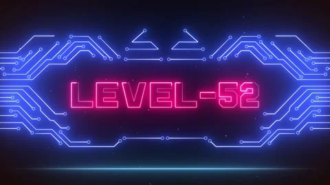 Level 52 Gaming Achievement Screen Blue Neon Circuits Glowing Pink Text Stock Footage 327889980