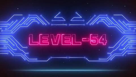Level 54 Gaming Achievement Screen Blue Neon Circuits Glowing Pink Text Stock Footage 327889979