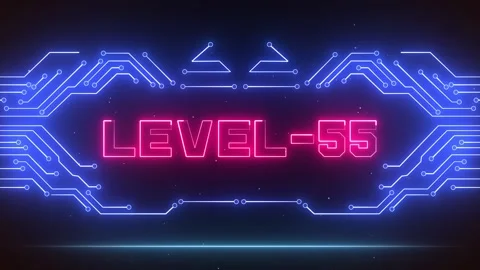 Level 55 Gaming Achievement Screen Blue Neon Circuits Glowing Pink Text Stock Footage 327890002