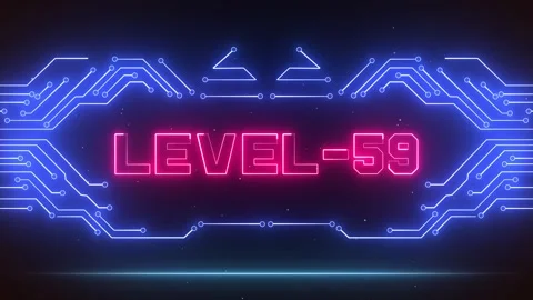 Level 59 Gaming Achievement Screen Blue Neon Circuits Glowing Pink Text Stock Footage 327890015